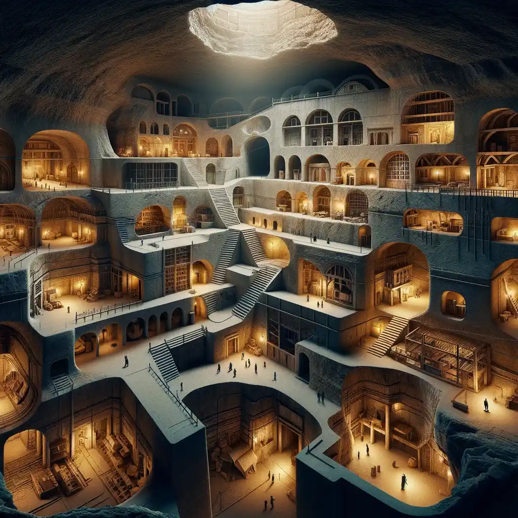 Ovdje je vizualizacija podzemnog grada Derinkuyu, koja prikazuje njegovu veliku, višeslojnu mrežu s međusobno povezanim prostorijama
