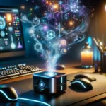 Futuristički uređaj GameScent koji emituje mirise, povezan s računarom i gaming konzolom u modernom gaming okruženju, simbolizirajući integraciju mirisa u svijet video igara.