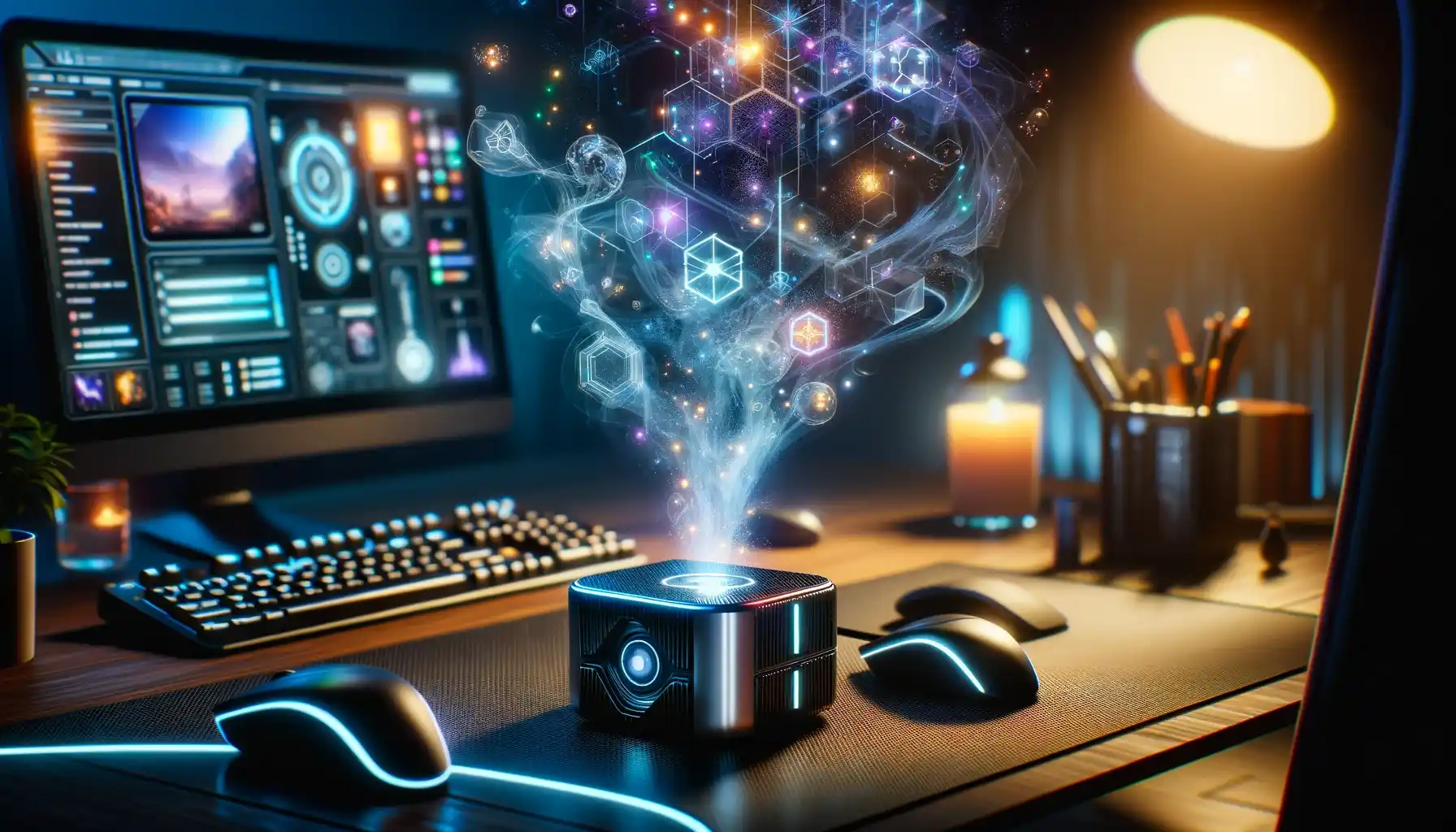 Futuristički uređaj GameScent koji emituje mirise, povezan s računarom i gaming konzolom u modernom gaming okruženju, simbolizirajući integraciju mirisa u svijet video igara.