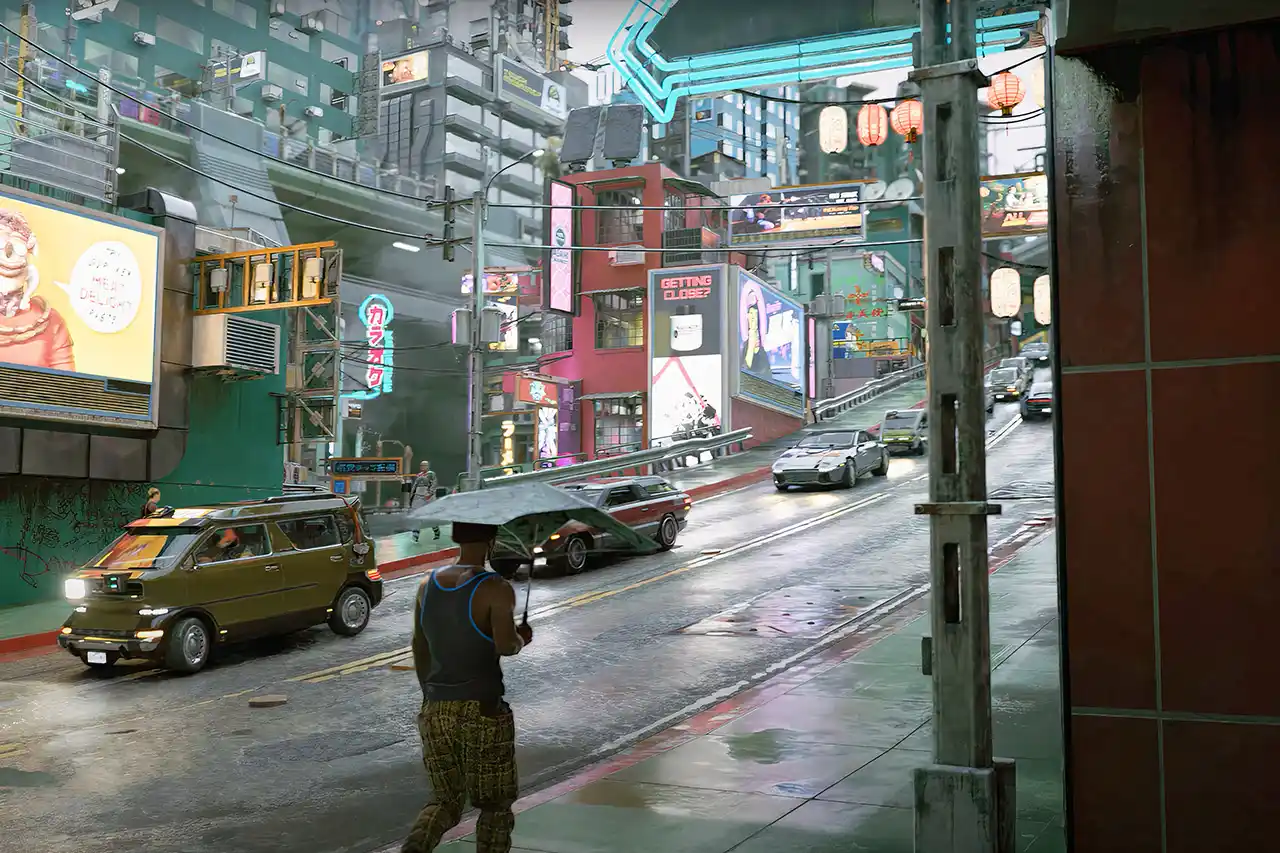 Horizont Night Cityja poboljšan DreamPunk modom u Cyberpunk 2077, prikazuje futurističku neon estetiku