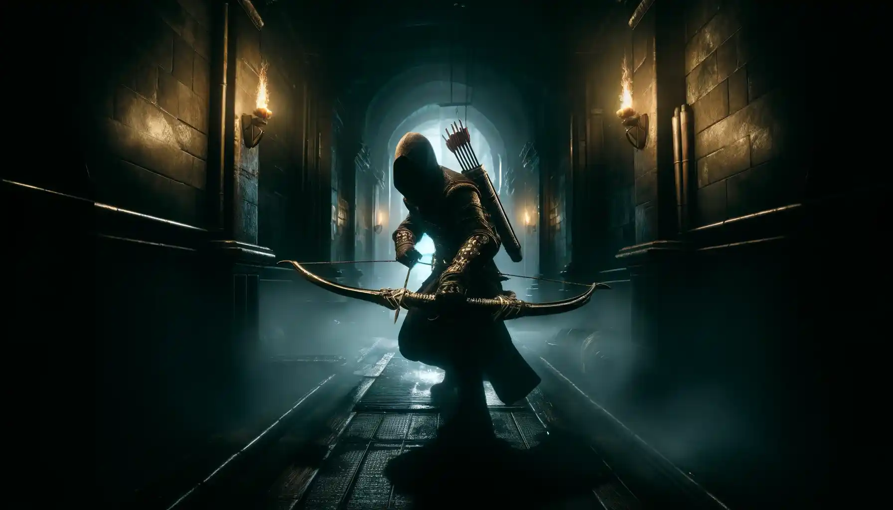Senovita figura tiho se kreće mračnim koridorima igre Thief 2014.